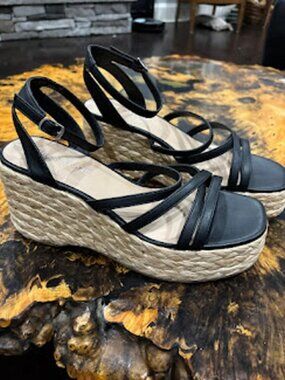 Sun & Stone Black Strappy Espadrille Wedge Sandals Size 9.5